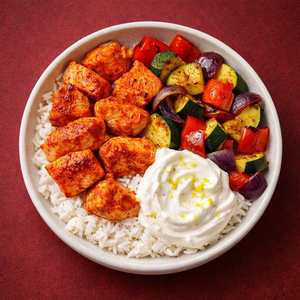 Draufsicht Smoked Paprika Lachs Bowl mit Quark Zitronen Creme in weißer Schale auf rotfarbenden Hintergrund