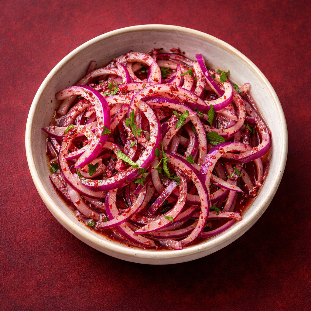 Draufsicht auf Sumach Zwiebel Salat in schlichter Schale auf cleanem bordeauxfarbenem Hintergrund