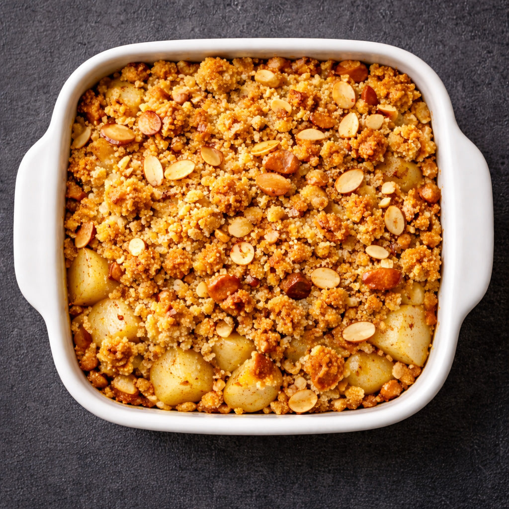 Draufsicht, Tonka Birnen Crumble mit Mandelstreuseln in weißer Keramikform auf dunklem Hintergrund