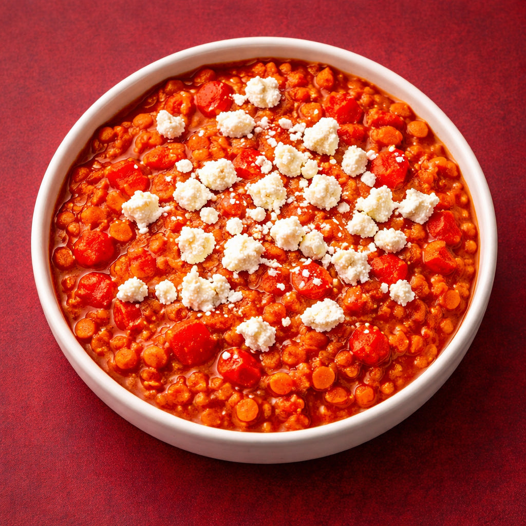 Draufsicht auf herzhafte Tomaten Linsen Pfanne mit Feta in schlichter Schale auf cleanem tomatenrotem Hintergrund