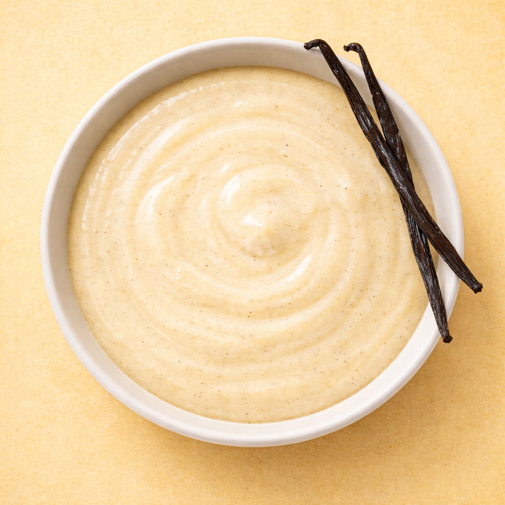 Draufsicht, klassischer Vanillepudding mit Vanilleschoten in weißer Schale auf hellem Hintergund