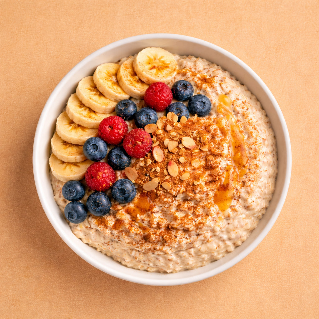 Schale mit cremigem Zimt-Porridge, Bananenscheiben, Beeren, Mandeln und Zimt-Topping auf braunem Hintergrund, Draufsicht.