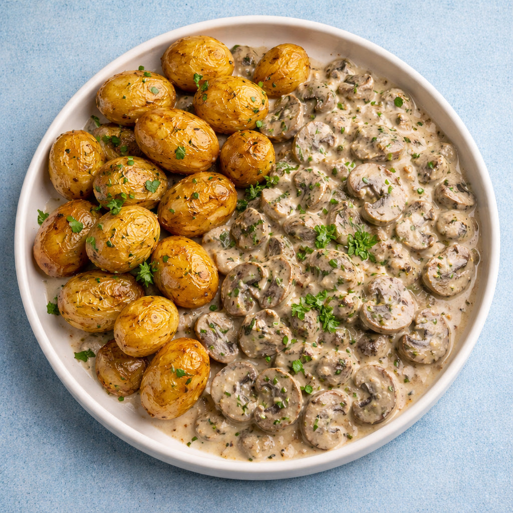 Geröstete Ofenkartoffeln mit cremiger Cafe de Paris Pilz Rahm Sauce, Draufsicht auf Teller vor einfarbigem Hintergrund.