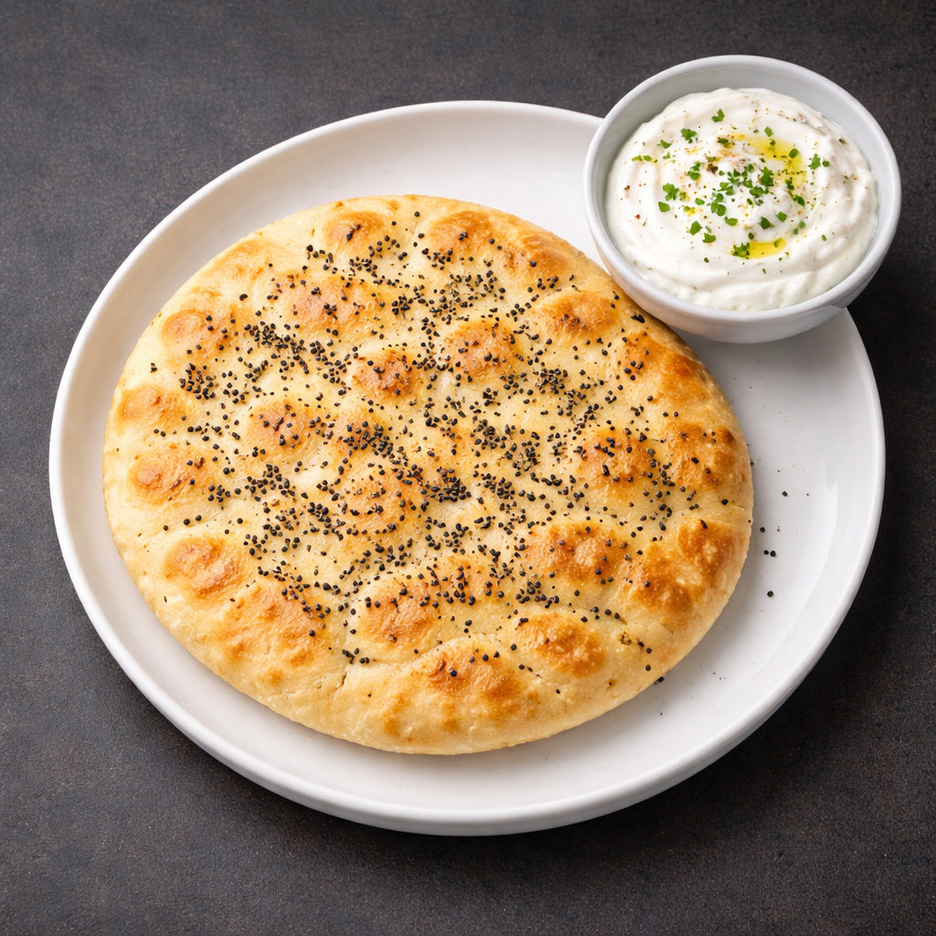 Draufsicht auf rundes Fladenbrot mit Schwarzkümmel und kleine Schale Joghurt Dip auf cleanem dunklem anthrazitfarbenem Hintergrund