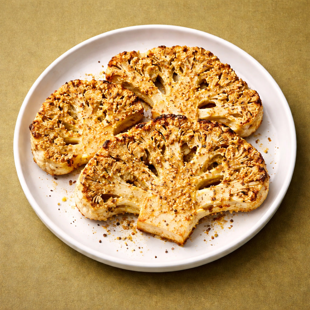 Draufsicht auf gebackene Blumenkohl Steaks mit Zitronen Tahini Senfkruste auf cleanem olivgelbem Hintergrund