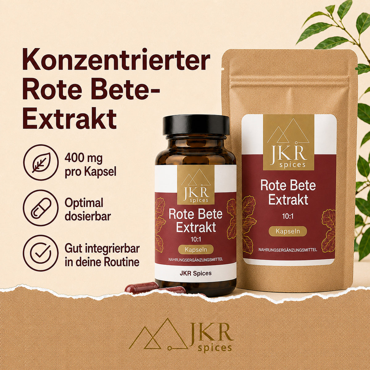 JKR Rote Bete Extrakt Kapseln im Glas und Doypack mit Produktvorteilen
