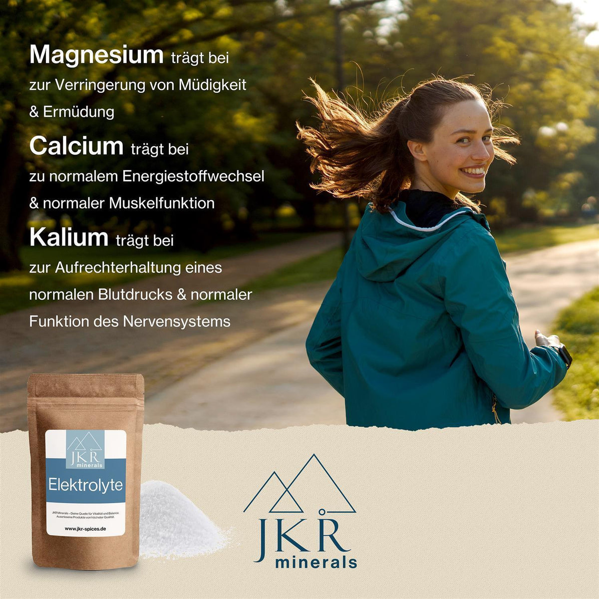 JKR Elektrolyte Qualitätsversprechen: Calcium, Kalium, Magnesium und Natrium aus hochwertiger Mineralstoffmischung – perfekt für aktive Menschen