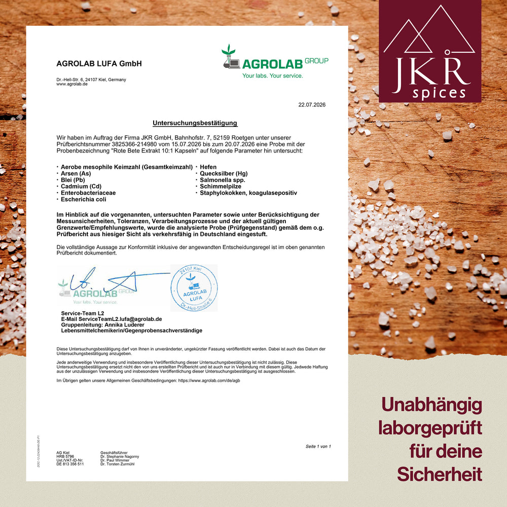 Unabhängiges Laborzertifikat für JKR Rote Bete Extrakt Kapseln