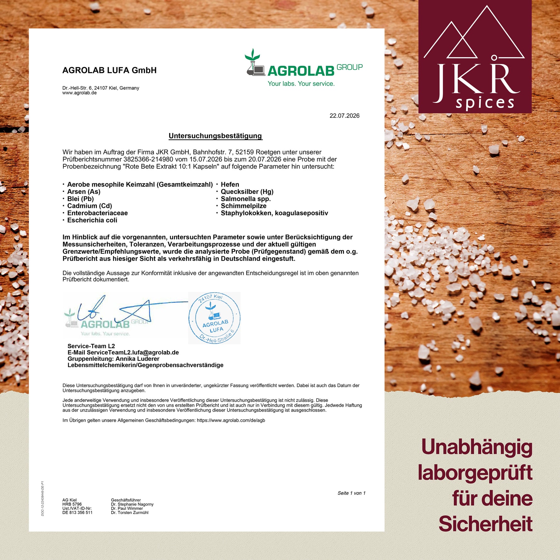 Unabhängiges Laborzertifikat für JKR Rote Bete Extrakt Kapseln
