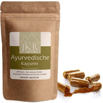 JKR Ayurvedische Kapseln im kraftpapier Doypack mit ausgestreuten Kapseln und feinem Pflanzenpulver, hochwertiges natürliches Produkt für ganzheitliche Unterstützung