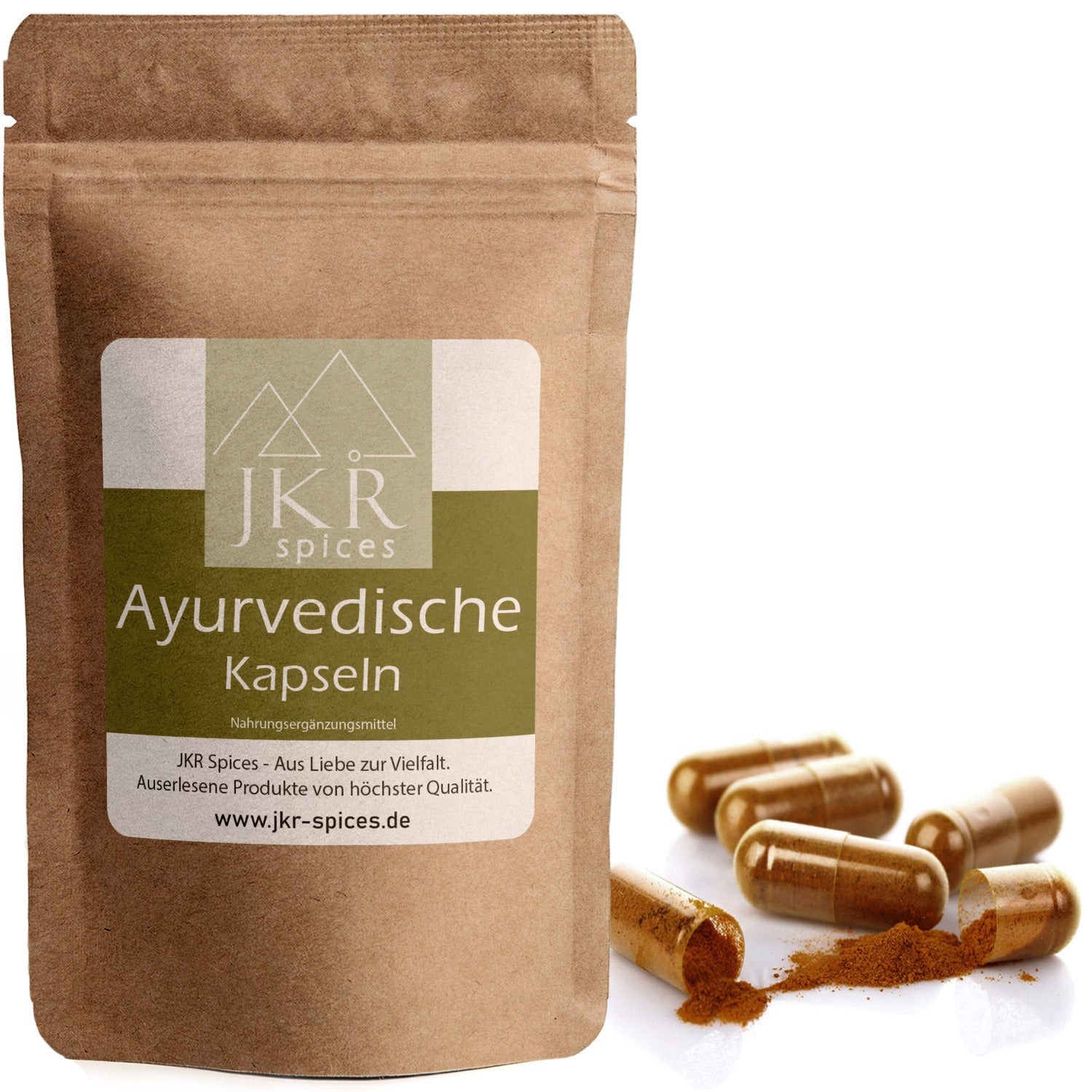 JKR Ayurvedische Kapseln im kraftpapier Doypack mit ausgestreuten Kapseln und feinem Pflanzenpulver, hochwertiges natürliches Produkt für ganzheitliche Unterstützung