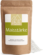 JKR Spices Maisstärke im Doypack, weißes Maisstärke Pulver als Häufchen neben der Packung, Produktfoto auf weißem Hintergrund