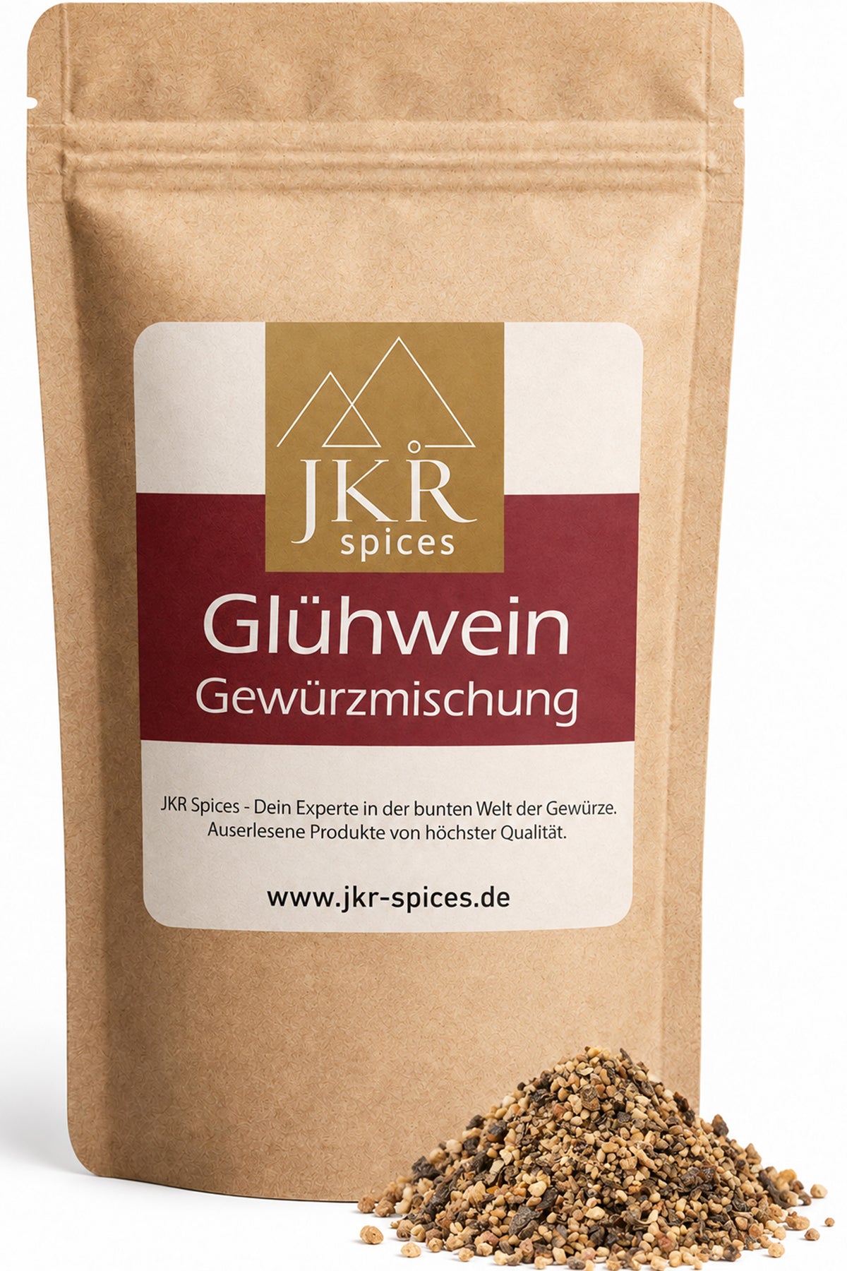 JKR Spices Glühweingewürz im braunen Standbodenbeutel mit grober Gewürzmischung – Vorderansicht.