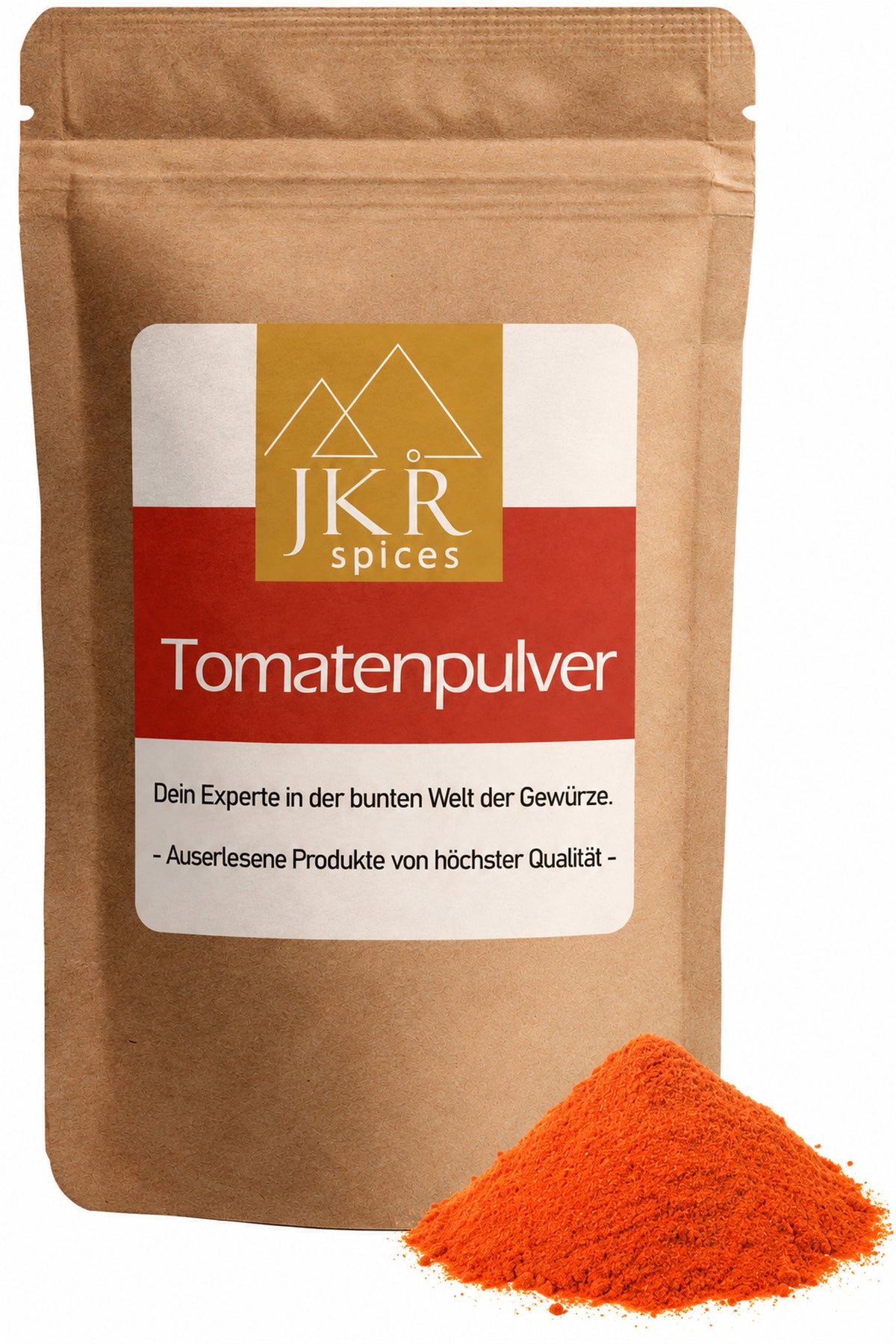JKR Spices Tomatenpulver im Kraftpapierbeutel mit rotem Tomatenpulver im Vordergrund.