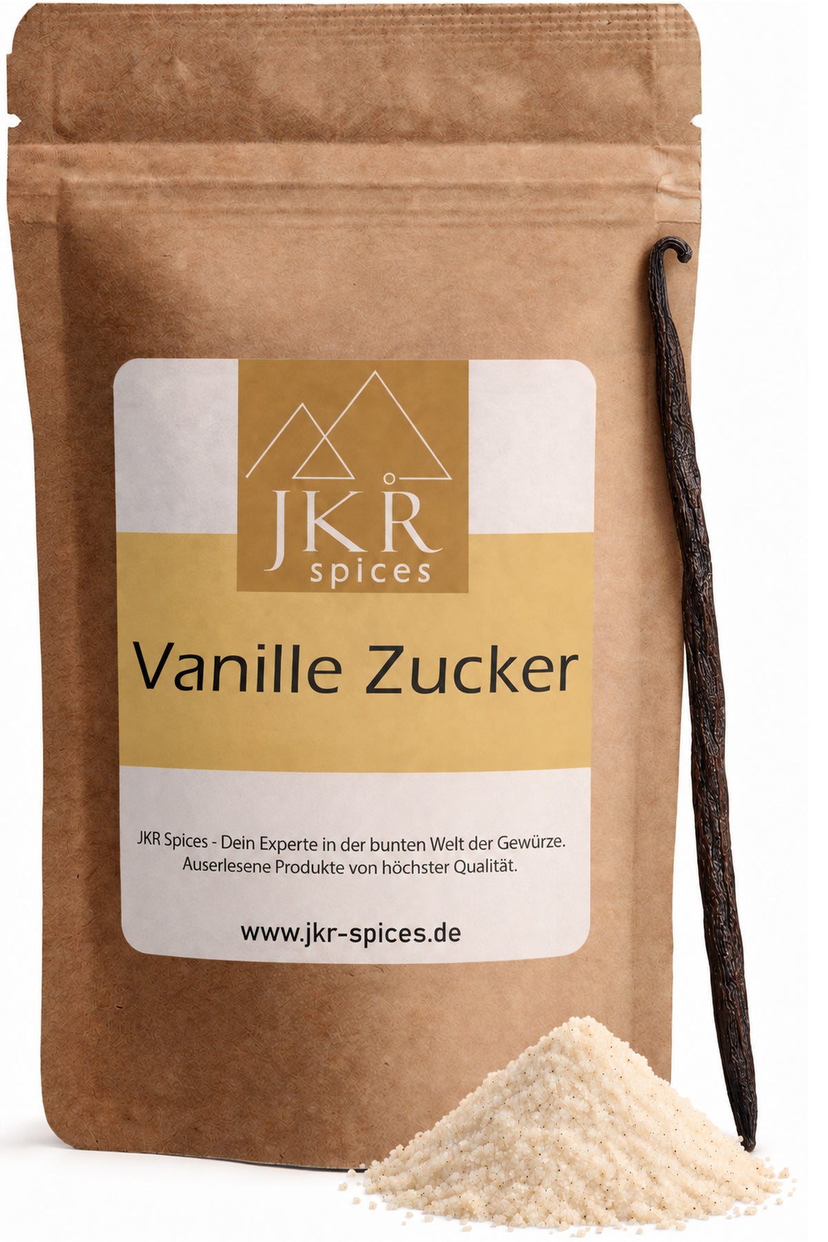 JKR Spices Vanillezucker im braunen Standbodenbeutel mit Vanilleschote und feinem Zucker im Vordergrund.