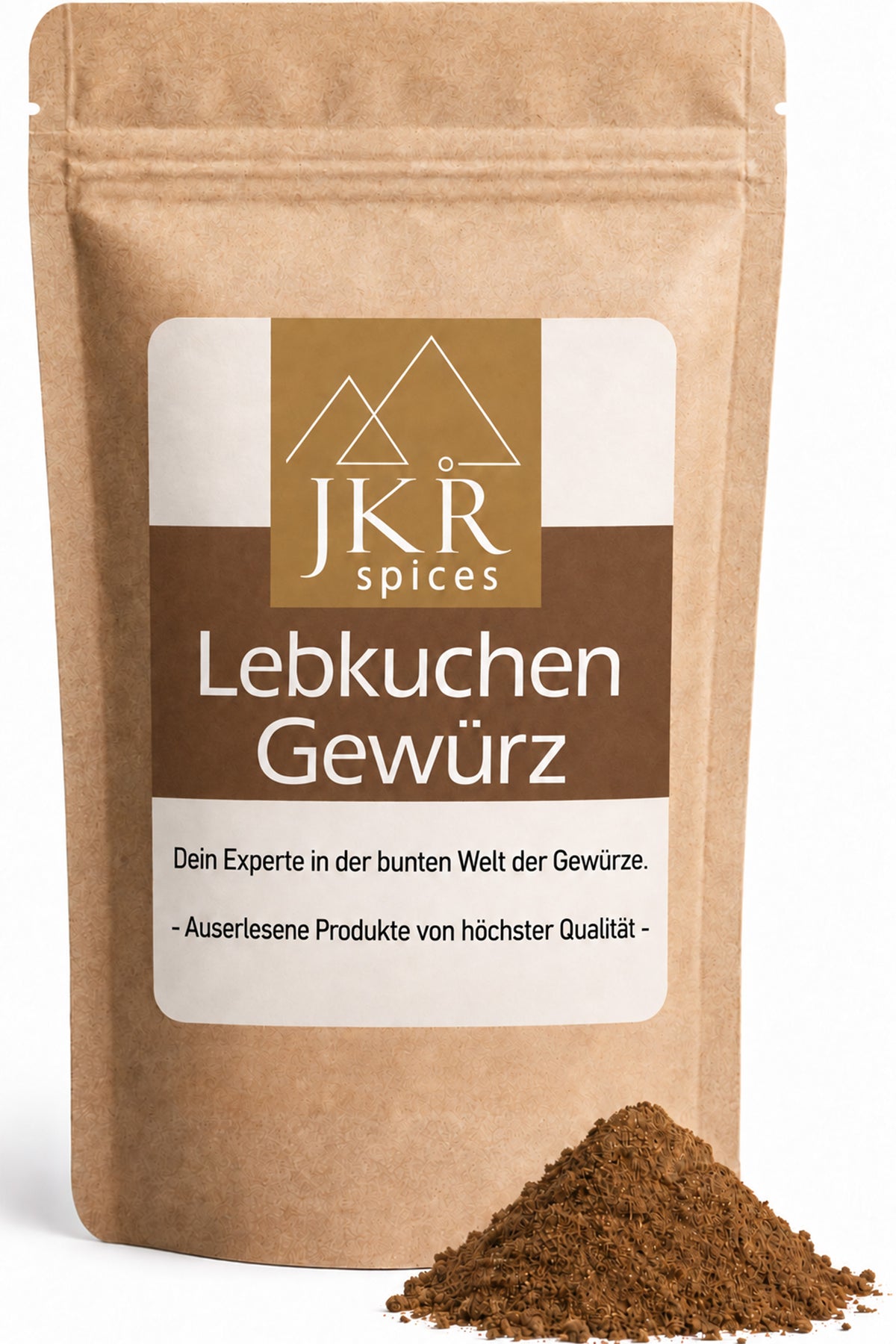 JKR Spices Lebkuchengewürz im braunen Standbodenbeutel mit feinem Gewürzpulver – Vorderansicht.