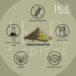 JKR Spices Alabama Beef Rub Infografik mit Qualitätssiegeln: ohne Gentechnik, vegan, laktosefrei, ohne Konservierungsstoffe, handverpackt