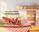 Anwendungsmotiv Kuttermittel mit Umrötung: Wurst und Fleischprodukte in der Küche, Textgrafik „für saftige Wurst und Fleischprodukte“