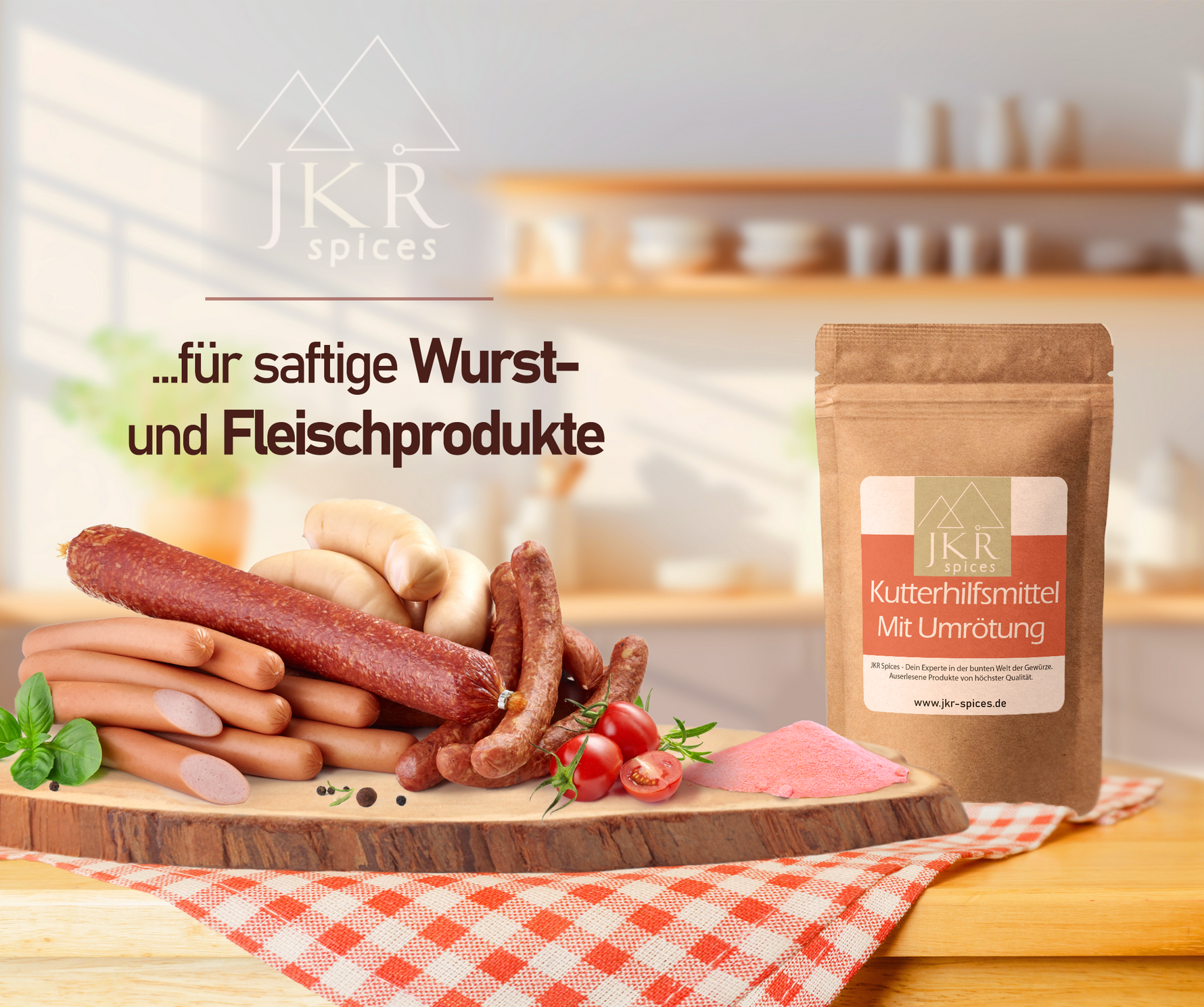 Anwendungsmotiv Kuttermittel mit Umrötung: Wurst und Fleischprodukte in der Küche, Textgrafik „für saftige Wurst und Fleischprodukte“