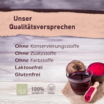 Grafik Unser Qualitätsversprechen, ohne Konservierungsstoffe, ohne Zusatzstoffe, ohne Farbstoffe, laktosefrei und glutenfrei, dazu Rote Beete, Saftglas und Pulver