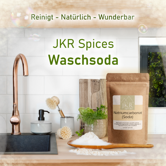 JKR Spices Waschsoda Natriumcarbonat im Badezimmer als natürliches Reinigungsmittel für Haushalt und Wäsche