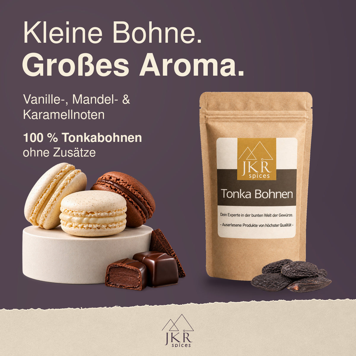 JKR Spices Tonkabohnen neben Pralinen, Macarons und Schokolade als Inspiration für süße Desserts.