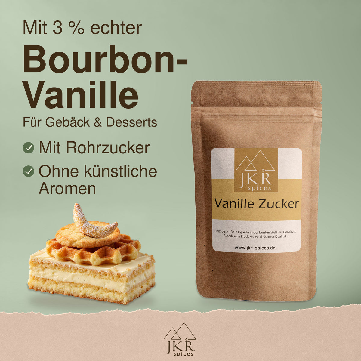 JKR Spices Vanillezucker aus Rohrzucker mit 3 % echter Bourbon-Vanille, neben einem Stück Kuchen.