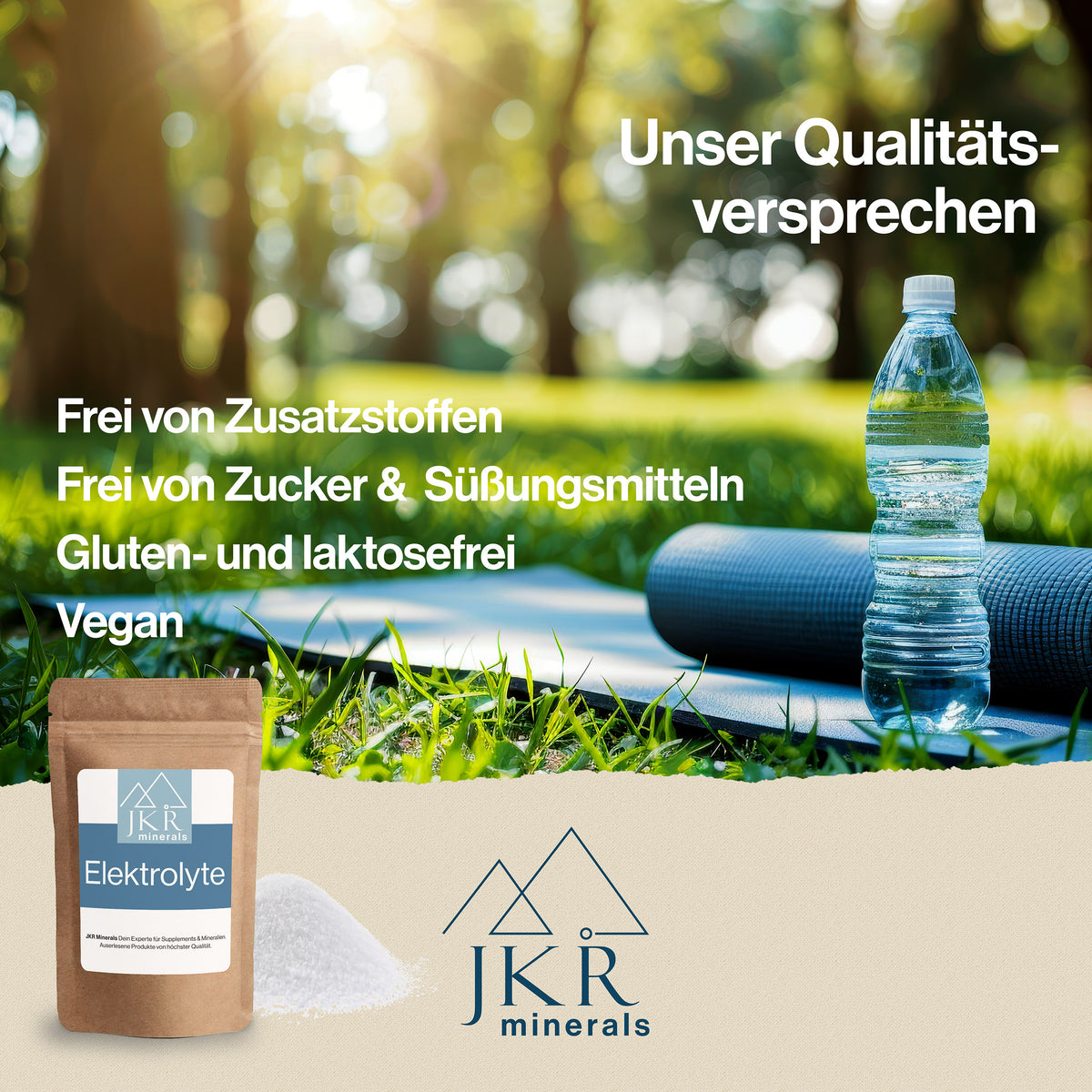 JKR Minerals Qualitätsversprechen Grafik für Elektrolyte, frei von Zusatzstoffen und Zucker, gluten und laktosefrei, vegan, Sportmatte und Wasserflasche im Park mit Doypack