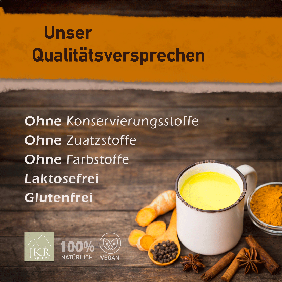 Unser Qualitätsversprechen Goldene Milch ohne Konservierungsstoffe ohne Zusatzstoffe ohne Farbstoffe laktosefrei glutenfrei vegan 100 Prozent natürlich