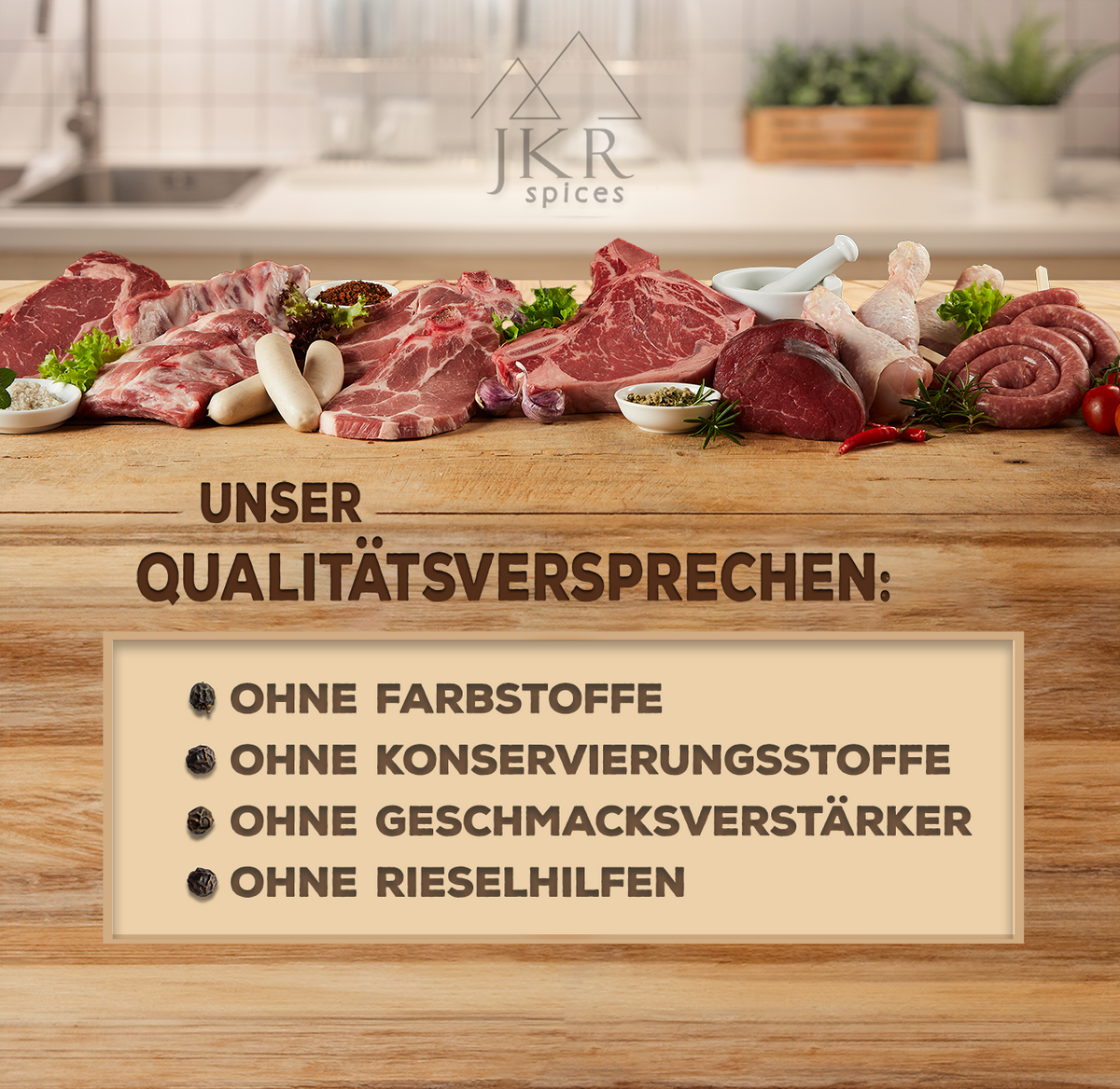 JKR Spices Qualitätsversprechen Grafik, ohne Farbstoffe, ohne Konservierungsstoffe, ohne Geschmacksverstärker, ohne Rieselhilfen, Kuttermittel