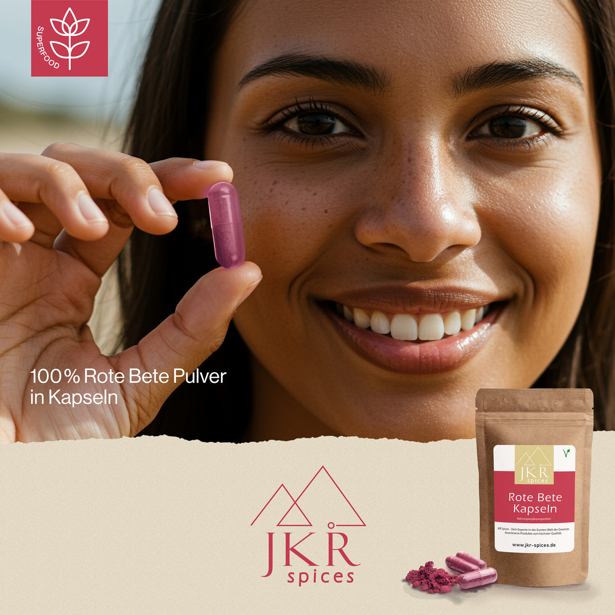 Frau hält eine Kapsel in der Hand, Anwendung von JKR Spices Rote Bete Kapseln, Nahrungsergänzungsmittel im Alltag