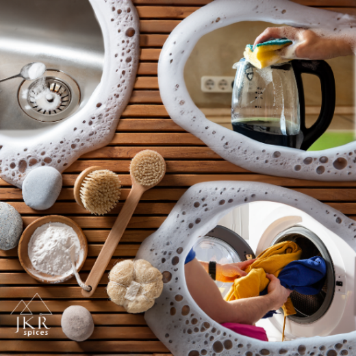 Natriumcarbonat Soda Dosierung und Anwendung mit Messlöffeln Bürste Glas und Reinigungszubehör als Küchen Flatlay