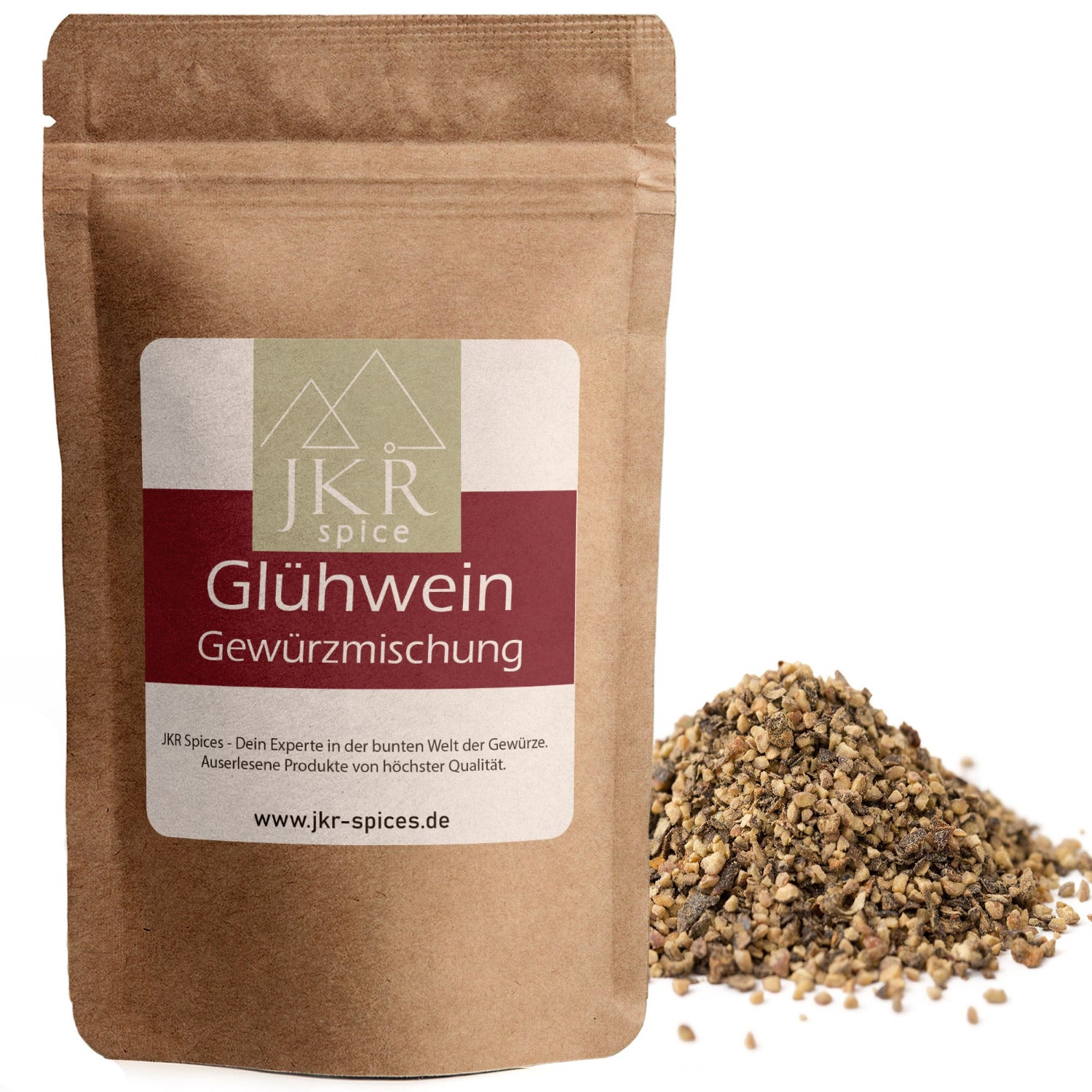 Glühwein Gewürzmischung im braunen JKR Doypack mit aromatischer Wintermischung davor – klassische Kräuter und Gewürze für heißen Glühwein