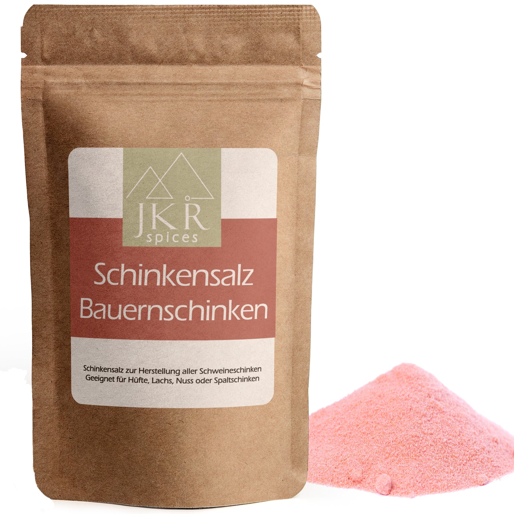 JKR spices Schinkensalz Bauernschinken im braunen Doypack mit rosa Pökelsalz Pulver auf weißem Hintergrund