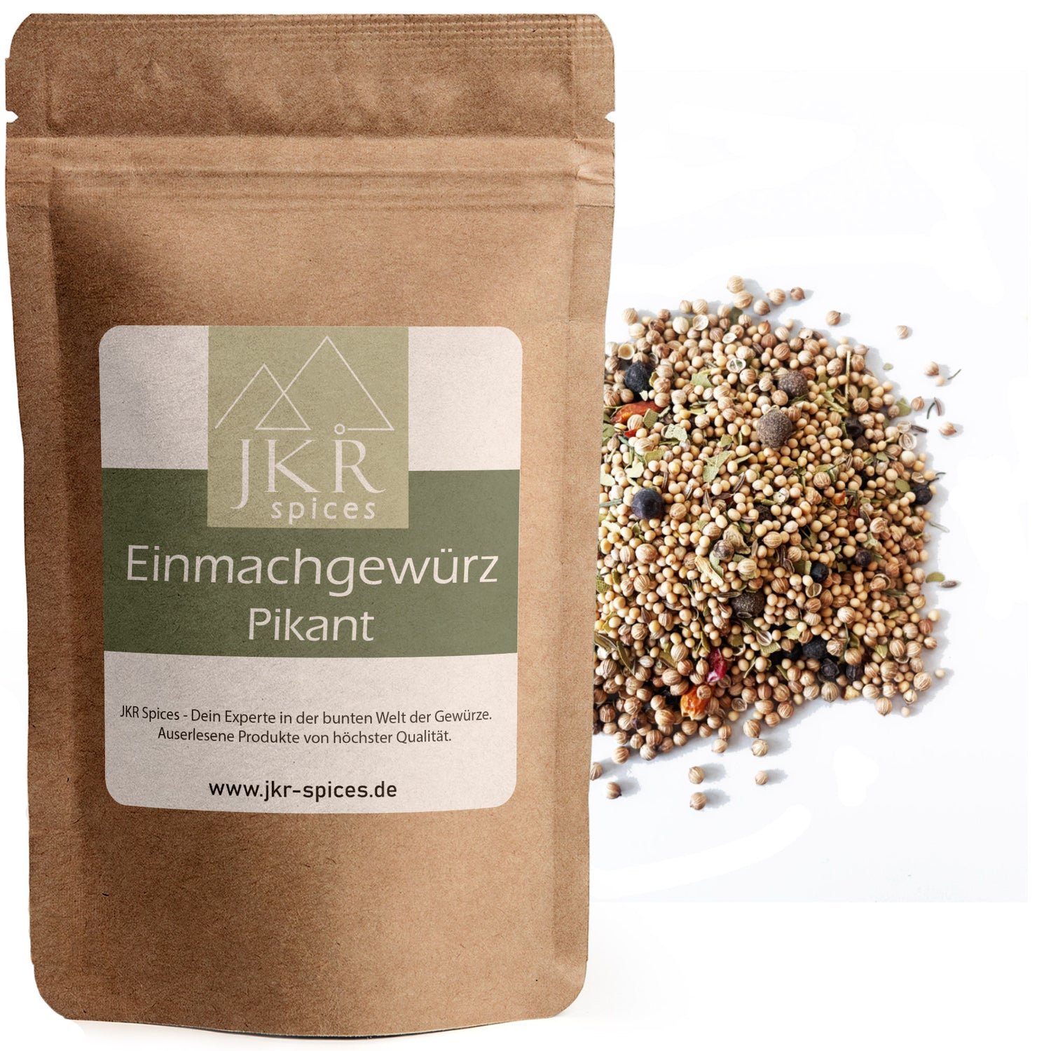 Einmachgewürz Pikant im braunen JKR Doypack mit bunter Gewürzmischung daneben – aromatische Gewürzkombination zum Einlegen und Konservieren