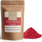 JKR Spices Rote Beete Pulver im braunen Doypack auf weißem Hintergrund, daneben ein Häufchen rotes Rote Beete Pulver