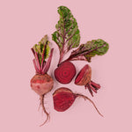 Rote Bete Illustration mit Knollen und Blättern, Motiv für Rote Bete Kapseln und Rote Bete Pulver, natürliche Rohware