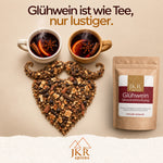 JKR Spices Glühweingewürz neben einem Weihnachtsmannmotiv aus Gewürzen und zwei Glühweintassen.