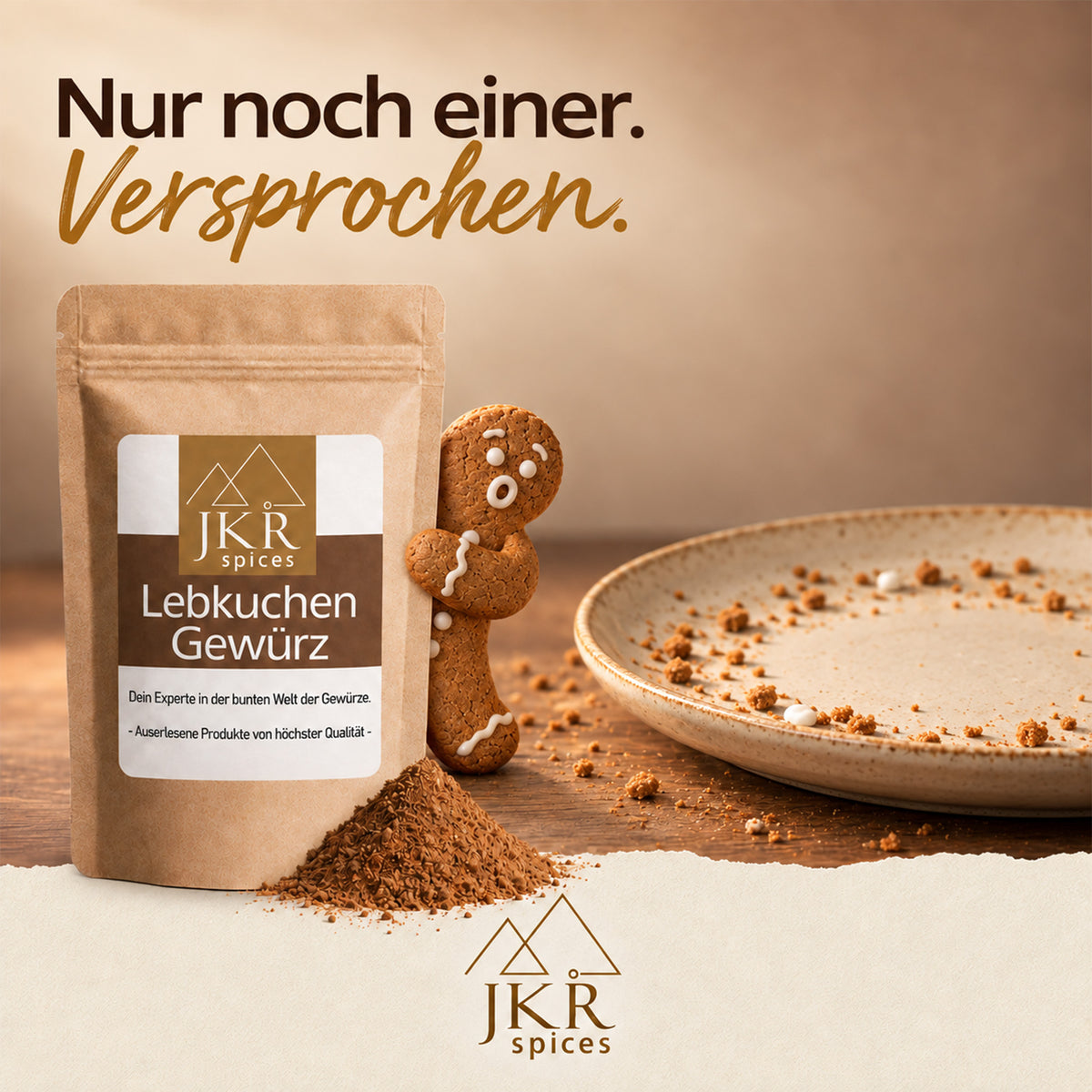 JKR Spices Lebkuchengewürz mit Lebkuchenmännchen neben einem Teller mit Kekskrümeln.