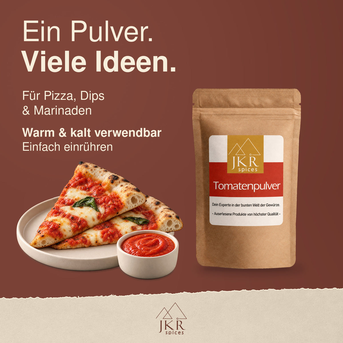 JKR Spices Tomatenpulver für Pizza, Dips und Aufstriche, dargestellt mit Pizzastücken und Tomatendip.