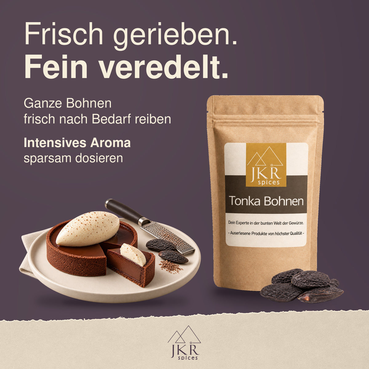 JKR Spices Tonkabohnen zum frischen Reiben und Verfeinern, neben einem Schokoladendessert mit heller Creme.