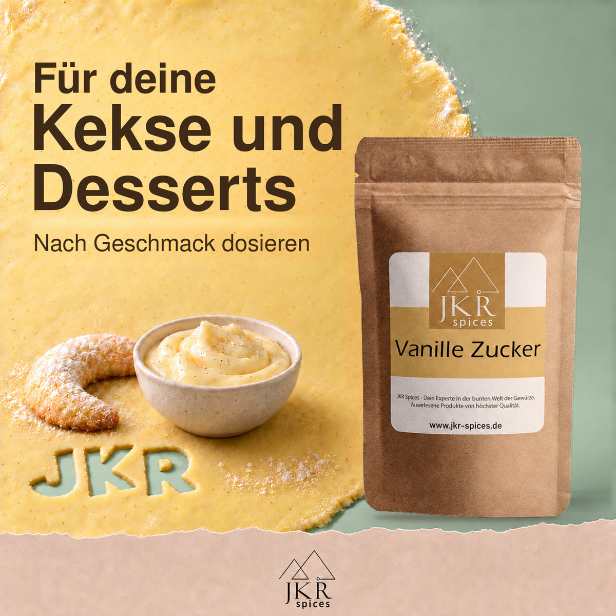 JKR Spices Vanillezucker neben Keksen und Dessertcreme zum Verfeinern von Gebäck und Desserts.