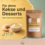 JKR Spices Vanillezucker neben Keksen und Dessertcreme zum Verfeinern von Gebäck und Desserts.