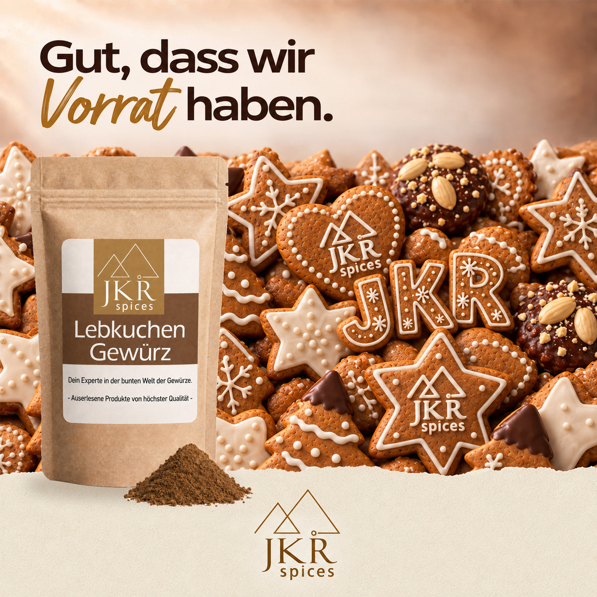 JKR Spices Lebkuchengewürz neben verzierten Lebkuchensternen und weihnachtlichen Plätzchen.