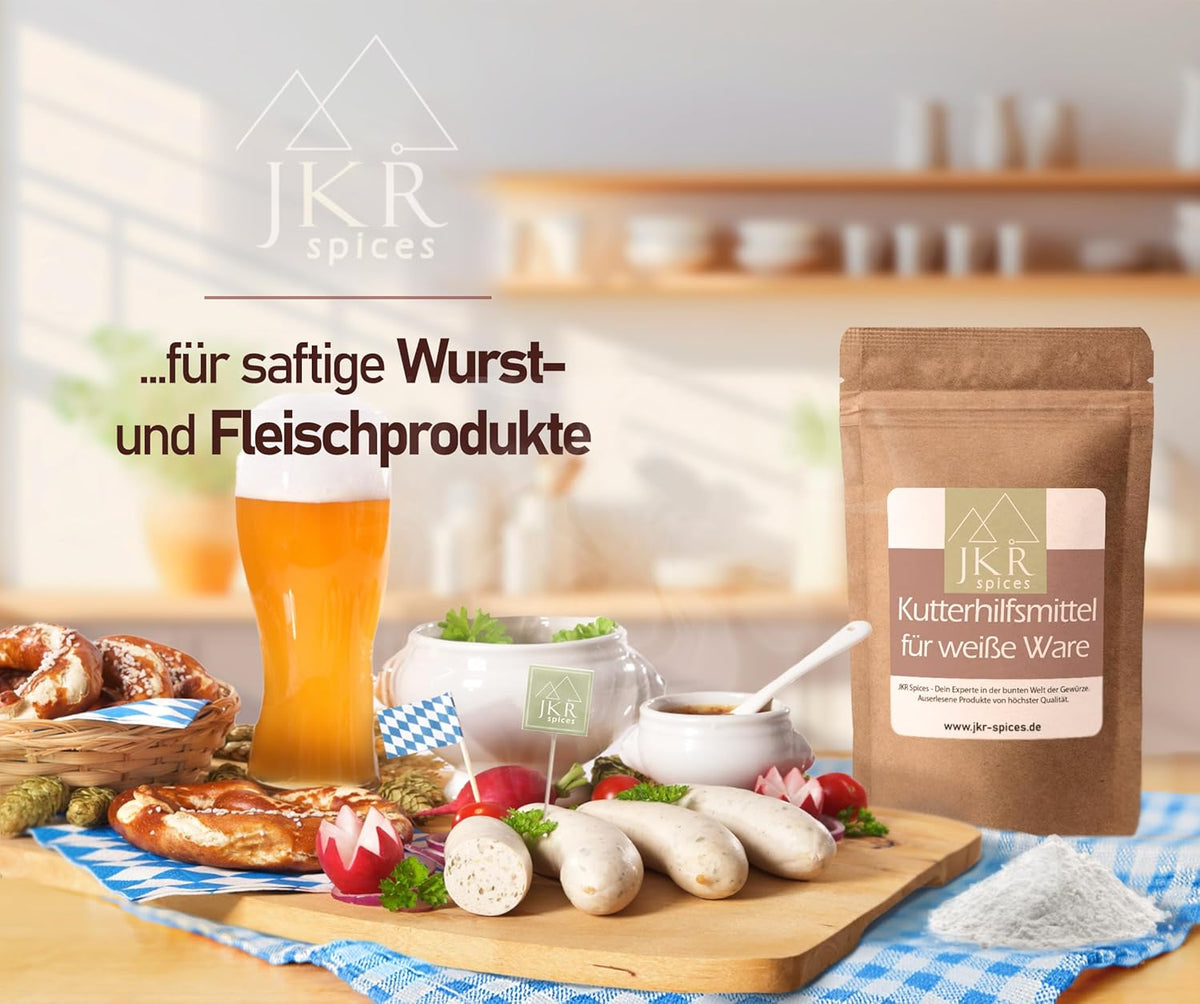 Anwendungsmotiv Kuttermittel: Wurst und Fleischprodukte in der Küche, Zutaten und Gewürze, Textgrafik zur Verwendung