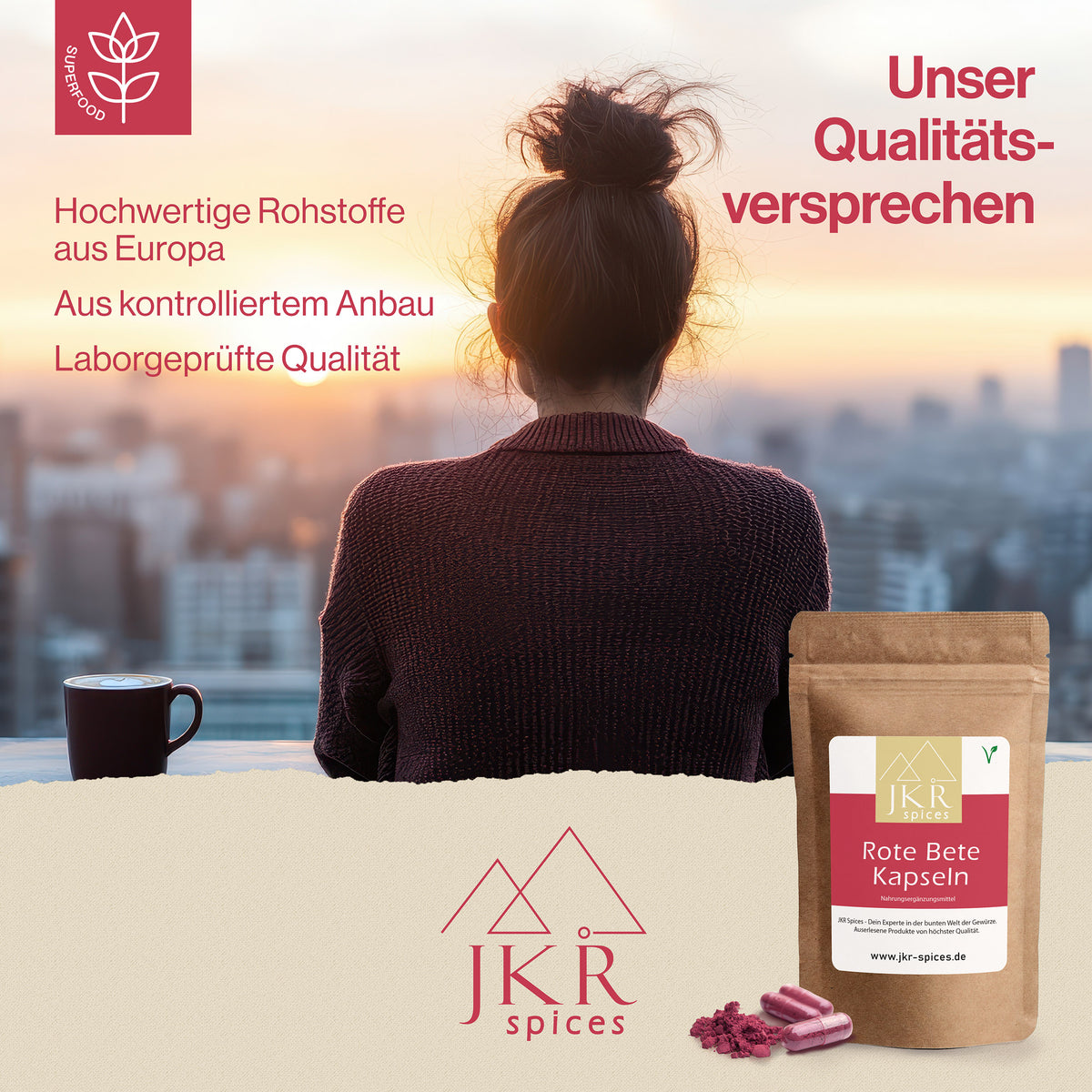 Frau blickt in die Ferne, Motiv für Wohlbefinden und Fokus, JKR Spices Rote Bete Kapseln als tägliche Routine