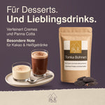 JKR Spices Tonkabohnen zum Verfeinern von Desserts und Getränken, neben Kaffee und Creme.