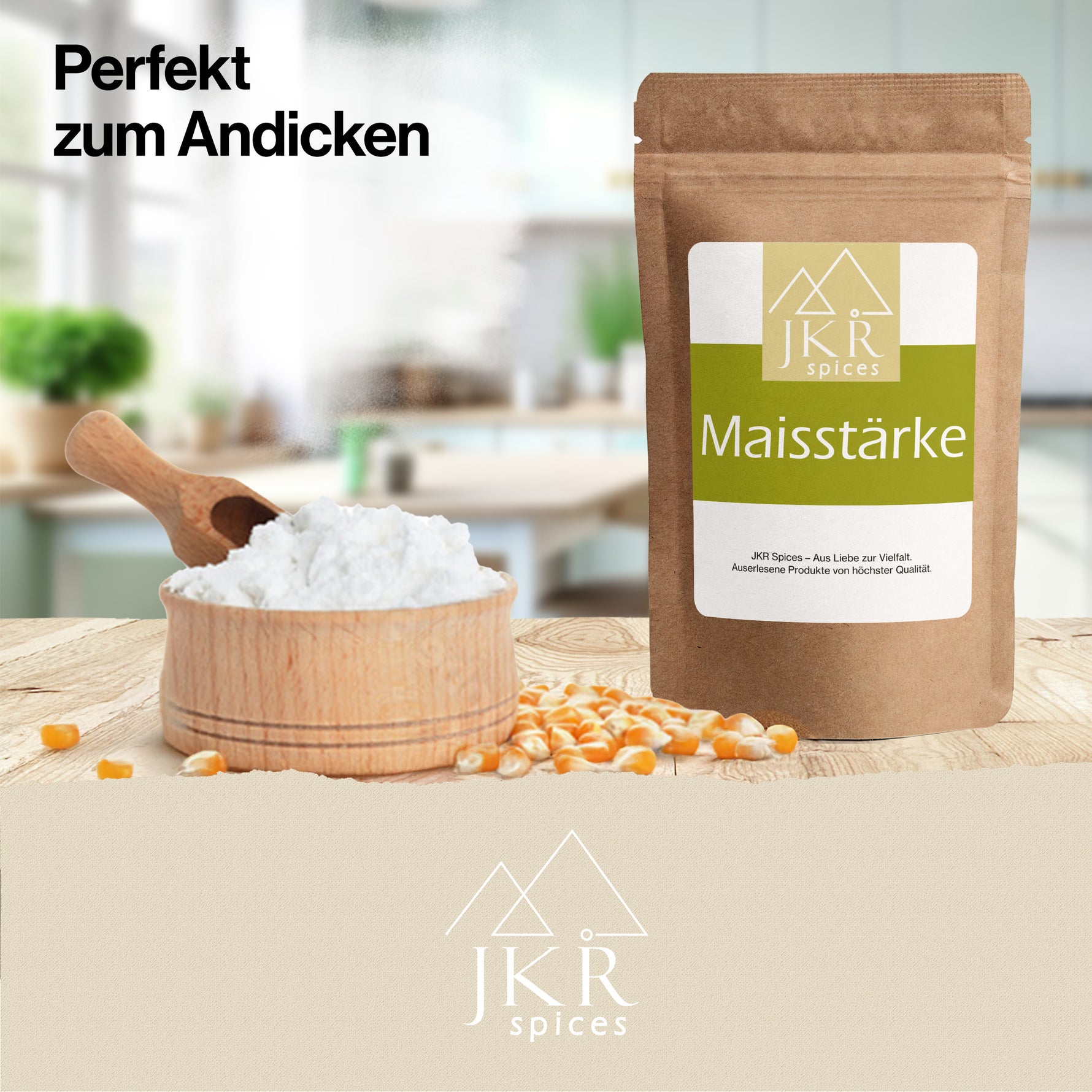 JKR Spices Maisstärke zum Andicken, Produkt im Doypack neben Schüssel, Textgrafik „Perfekt zum Andicken“