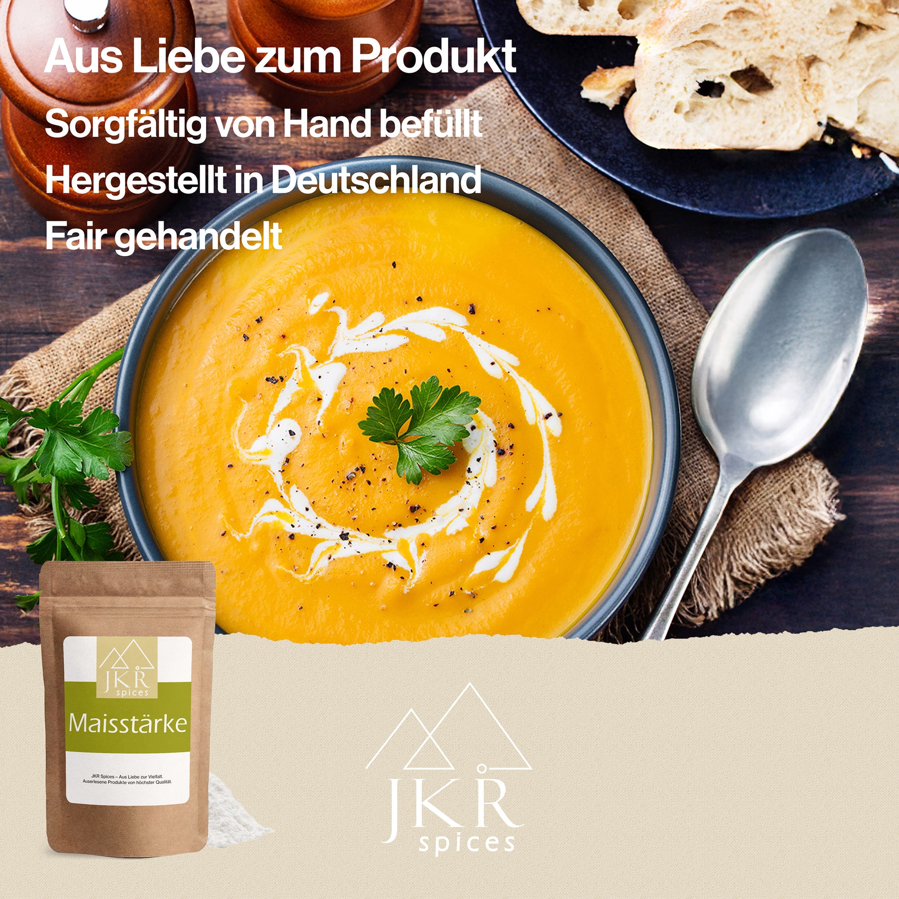 Serviervorschlag Maisstärke: cremige Suppe im Teller, Maisstärke als Bindemittel, Textgrafik „Aus Liebe zum Produkt“