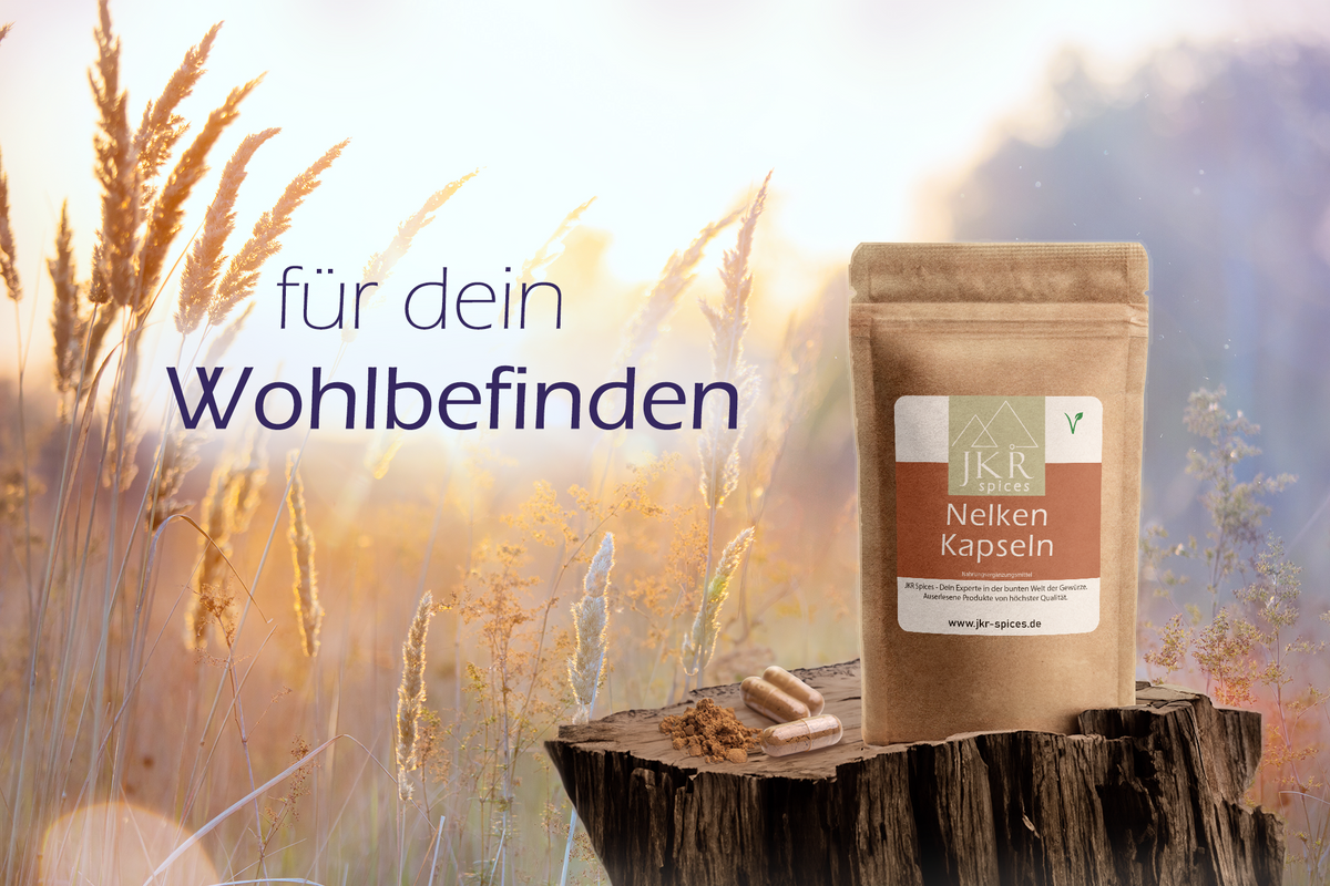 JKR Spices Nelken Kapseln für dein Wohlbefinden, Produkt im Doypack auf Baumstumpf, Lifestyle Motiv mit Textgrafik